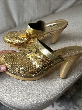 Vintage Paris Blues Gold Sequin Platform Clog Heels Y2K Disco Glam Size 10